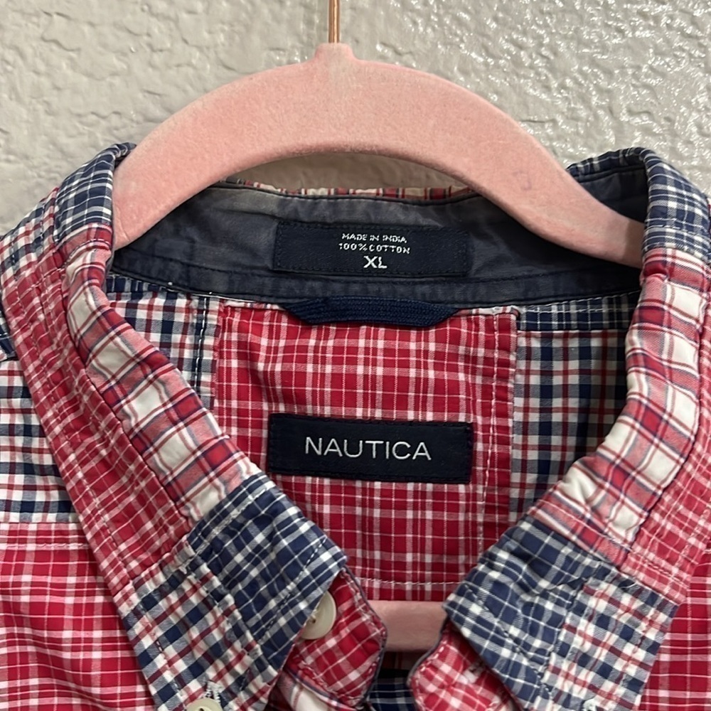 Nautica Shirt XL Men’s Patch Work Button Down Short Sleeve Check Short - Picture 3 of 8